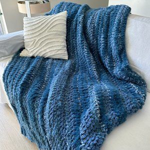 Ombre Blue Handmade Crochet Blanket - Super Soft & Cozy Knit Blanket - Large